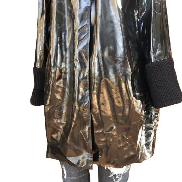 Vintage Anne Klein Black Vegan Leather Overcoat Single Button Jacket Size S - Picture 5 of 8